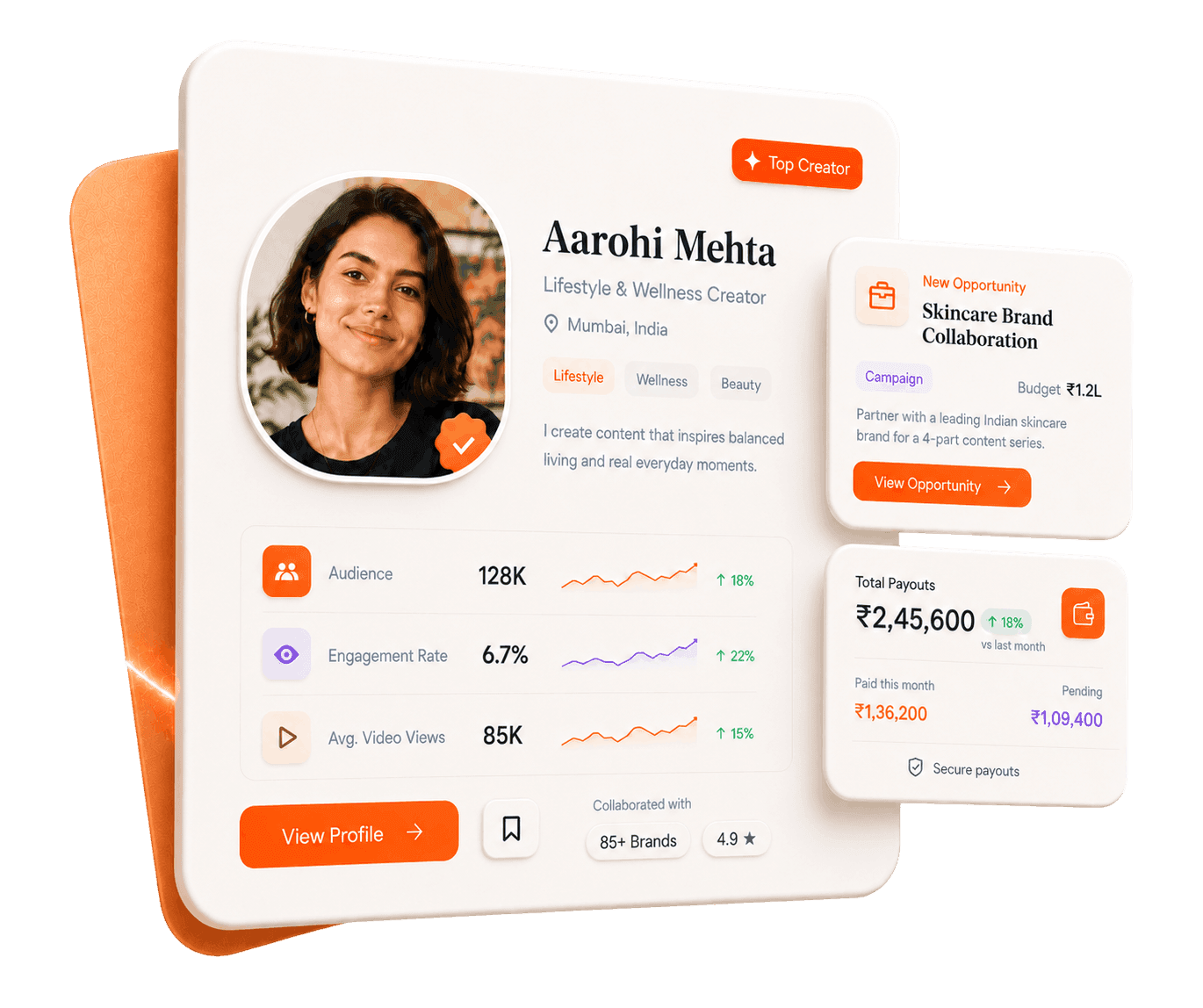 Creatoc creator profile with audience insights, a brand collaboration, and payout details